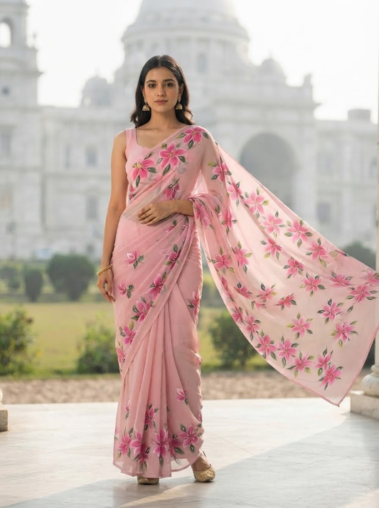 Hanpainted Semi Georgette Saree